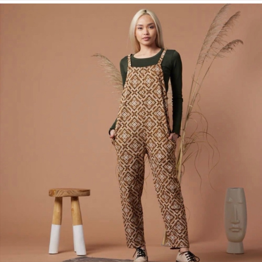 Known Supply Brown Cream Organic Cotton Geometric Print Boho Aztec Jumpsuit Sz M